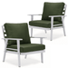 LeisureMod Walbrooke Mid-Century Modern Outdoor Patio Armchair with White Powder Coated Aluminum Frame and Removable Cushions for Patio Balcony and Backyard Set of 2 (Green)