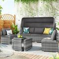 4-Piece Patio Sectional Set with Retractable Canopy and Lift Top Table Outdoor Patio Rectangle Daybed with Soft Cushions and Upgraded Pillows PE Wicker Set with Adjustable Backrest for Garden