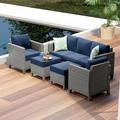 Hearth & Harbor 5-Piece Outdoor Patio Furniture Set Wicker Patio Conversation Set Sectional Sofa Gray/Navy