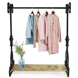 OUKANING Black Industrial Pipe Clothing Rack Garment Clothing Rack Floor Display Stand with Wood Shelves 120cm