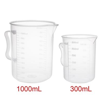 Laboratory Clear PP Plastic Measuring Cup Handled Beaker 300mL 1000mL Set of 3 - Transparent