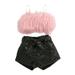 Kids Little Girl Summer Outfits Strap Fluffy Fur Cropped Tank Top Faux Leather Shorts Pants Clothes Set