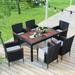 Dasun 7-Piece Outdoor Patio Dining Set Garden PE Rattan Wicker Dining Table and Chairs Set Acacia Wood Tabletop Stackable Armrest Chairs with Cushions