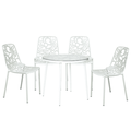 LeisureMod Devon Mid-Century Modern 5-Piece Aluminum Outdoor Patio Dining Set with Dining Table with Tempered Glass Top and 4 Stackable Flower Design Chairs for Patio and Backyard Garden White