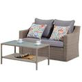 2 Piece Patio Conversation Furniture Set - Wicker Loveseat Outdoor Sofa with 1 Coffee Table & Washable Cushions for Backyard Garden Poolä¸¨Grey