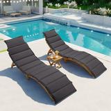 Gecheer Patio Wood Portable Extended Chaise Set with Foldable Tea Table for Balcony Poolside Garden Brown Finish+Dark Gray Cushion