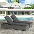 JOIVI 2 Pieces Outdoor Chaise Lounge Chair Patio Reclining Sun Lounger Gray Wicker Rattan Adjustable Lounge Chair Steel Frame with Removable Dark Gray Cushions for Poolside Deck and Backyard