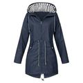Wendunide 2024 Clearance Sales Coats for Women Solid Raincoat Hooded Outdoor Rain Windproof Jacket Women s Jackets Women s Coat Womens Jackets Navy L