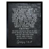 Genesis 1:26-27 Let Us Make Man In Our Image Christian Bible Verse Quote Scripture Typography Art Print Framed Poster Wall Decor 12x16 inch