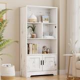 Wood Bookcase with Doors White Bookshelf with LED Lights Modern Storage Rack 3 Shelf Standing Bookshelves Large Display Shelf Unique Book Shelf for Bedroom Living Room Home Office