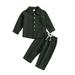 Boys Solid Long Sleeve Two Piece Set Cotton Linen Standing Neck Button Down Shirt Top+ Linen Pant with Pocket