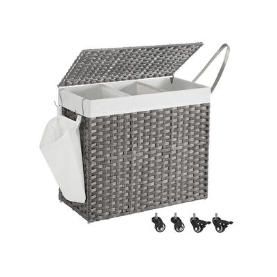 3-Compartment Laundry Bin with Lid and Wheels Large Rattan Hamper with Pull Handle and Pocket - 27.6”L x 14.2”W x 26”H