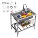 Portable Commercial Stainless Steel Sink, Garden Sink Single Trough, Thicker Stainless Steel Kitchen Sink With Taps, Easy To Clean Easy To Install, For Outdoor Indoor Home Garden Bar Unit