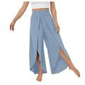 Reduce Price Hfyihgf Chiffon Wide Leg Dress Pants for Women Flowy Palazzo Pants Casual Split High Waisted Summer Beach Cropped Trousers with Pocket(Light Blue S)