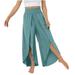 Reduce Price Hfyihgf Chiffon Wide Leg Dress Pants for Women Flowy Palazzo Pants Casual Split High Waisted Summer Beach Cropped Trousers with Pocket(Green XL)