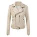 Lovskoo 2024 Women Faux Leather Jacket Moto Biker Coat Trendy Jacket Solid Long Sleeve Zipper Pocket Asymmetrical Motorcycle Jacket Standard Outerwear Tops Short Coat Beige