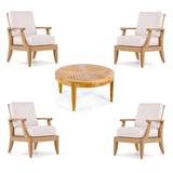 Lagos 5 Pc Lounge Chair Set: 4 Lounge Chairs & 39 Round Coffee Table With Cushions in Sunbrela Fabric #57003 Canvas White