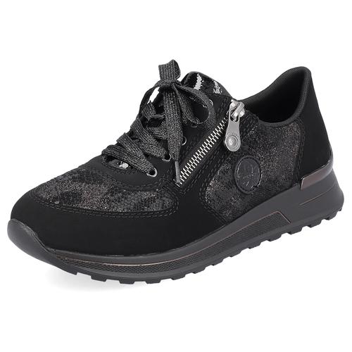 Sneaker RIEKER Gr. 41, schwarz (schwarz, kombiniert) Damen Schuhe in Metallic-Optik, Freizeitschuh, Halbschuh, Schnürschuh