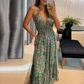 Robe de plage pour femmes imprimé floral sans manches décolleté en V profond dos nu Maxi à