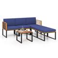 Costway 6 Piece Patio Acacia Wood Conversation Sofa Set with Ottomans and Coffee Table-Navy