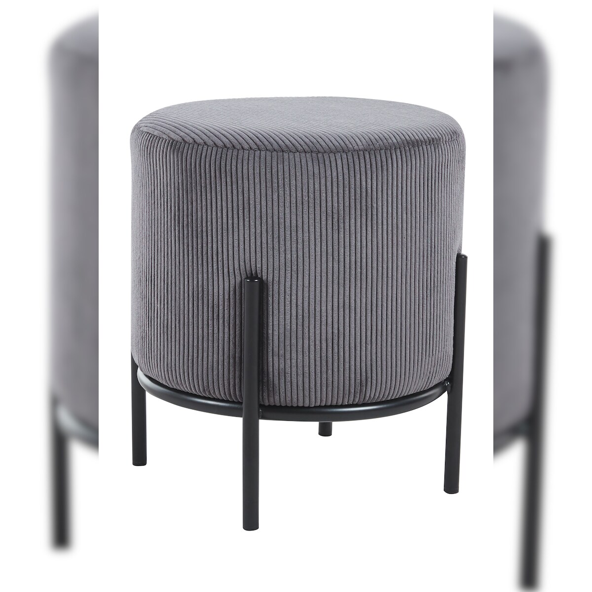 SalesFever Polsterhocker rund Ø35 cm | Stoffbezug in Cord-Optik | Design-Gestell aus Metall | B 35 x T 35 x H 38 cm | grau – schwarz Image