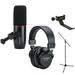 Focusrite Vocaster Broadcast Kit Dynamic Cardioid XLR Podcasting Microphone with Headphones Bundle with Auray MS-5230F Tripod Mic Stand and COHH-2 Clamp-On Headphones Holder