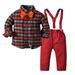 Baby Boys Clothes Toddlers Outfits Cotton Plaid Dress Shirt + Bow Tie + Suspender Pants 4 Piece Infant Gentleman Suits Red Plaid