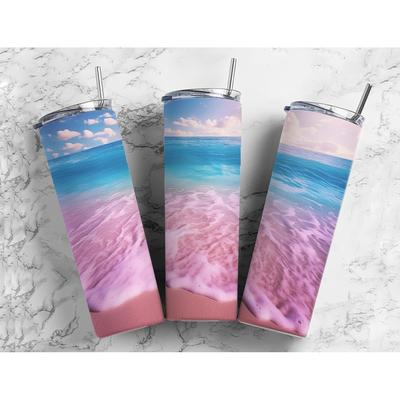 Blue Water Pink Sand 20 Oz Skinny Metal Tumbler w/Lid and Straw - Multi