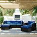 TOPMAX 6PCS Outdoor Patio Sectional All Weather PE Wicker Rattan Sofa Set with Glass Table Blue Cushion+ Brown Wicker