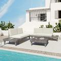 Outdoor 3-Piece Patio Furniture Set Solid Wood Sectional Sofa Set with Coffee Table Conversation Set with Side Table and Cushions Grey+Beige
