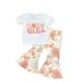 Huakaishijie Infant Toddler Baby Girls Summer Outfits Letter Print Short Sleeve T-shirt and Elastic Floral Flare Pants Set