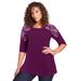 Plus Size Women's Three-Quarter Sleeve Embellished Tunic by Roaman's in Dark Berry Floral Embroidery (Size 26/28) Long Shirt