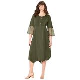 Plus Size Women's Embroidered Acid-Wash Boho Dress by Roaman's in Dark Olive Green (Size 20 W)