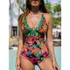 LW − Maillot de bain une pièce imprimé léopard modèle floral découpe dans le dos patchwork