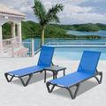 3PCS Outdoor Chaise Lounge Aluminum Patio Lounge Chair with Wheels All-Weather Five-Position Adjustable Reclining Chair and Side Table for Beach for Patio Pool Deck Beach Yard (Blue)