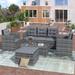 Gray Outdoor Wicker Patio Sofa Set with Storage Bench, All-Weather PE Rattan Furniture Conversation Set with Glass Table
