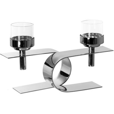 Kerzenhalter FINK "PASSIONA", silber (silberfarben), B:25cm H:15,5cm T:11cm, Aluminium, Edelstahl, Glas, Kerzenhalter, Teelichthalter mit Glaseinsatz, 2-flammig Image