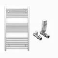 600mm Wide Straight Chrome Heated Bathroom Towel Rail Radiator With Valves For Central Heating UK (With Straight Thermostatic Valves, 600 x 900mm (h))