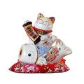 Chinese Feng Shui White Ceramic Lucky Cat Figure Maneki Neko Fortune Cat Money Box Lucky Charm Piggy Bank Cat and Fish,White