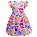 YDOJG Girls Dresses Summer Dress Dress Cotton Dress Animal Dinosaur Print Dress For 4-5 Years