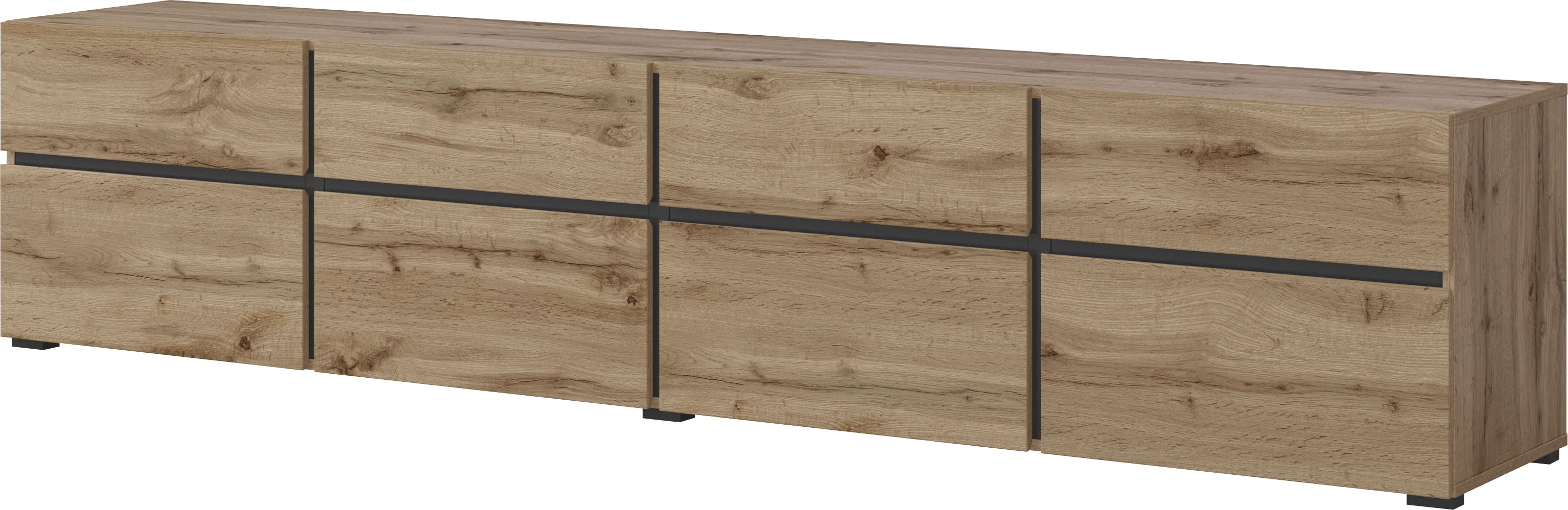 Lowboard INOSIGN "Cross, moderne grifflose TV-Kommode,4 Klappen/4 Schubkästen", braun (wotan eiche, wotan eiche), B:225cm H:48,2cm T:40cm, FSC-zertifizierter Holzwerkstoff, Melamin, Sideboards, Lowboard, Breite 225 cm, TV-Schrank mit viel Stauraum,...