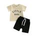 Licupiee Toddler Baby Boy Summer Clothes Short Set Short Sleeve Letter Print Stripes T-Shirt Elastic Waist Shorts Outfit