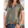 Women V-neck Floral Embroidered Boho Short Sleeve Tops, Army Green / M
