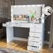 Boahaus Ketevan Vanity Desk: Light Bulbs, USB Outlet, 8 Drawers, Glass Top, Hollywood Mirror, White