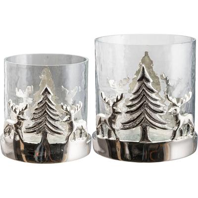 Windlicht CREATIV HOME "Kerzenhalter Weihnachtslandschaft, mit Baum und Reh", silber (silberfarben), H:15cm Ø:13cm, Glas, Aluminium, Kerzenhalter, Teelichthalter, Weihnachtsdeko mit Hirsch und Tanne, Höhe 10 + 15 cm Image