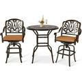 VIVIJASON 3-Piece Patio Swivel Bar Stools Set All Weather Cast Aluminum Outdoor Bar Height Bistro Set with 2 Cushioned Bar Chairs & 35.2 High Bar Table w/Umbrella Hole for Backyard Lawn Garden