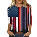 REORIAFEE American Flag Tops Women Patriotic Shirt 4th of July Top Stars Stripes Print T-Shirt USA Flag Tee Tops Print T-Shirt Round Neck 3/4 Sleeve Dark Blue M