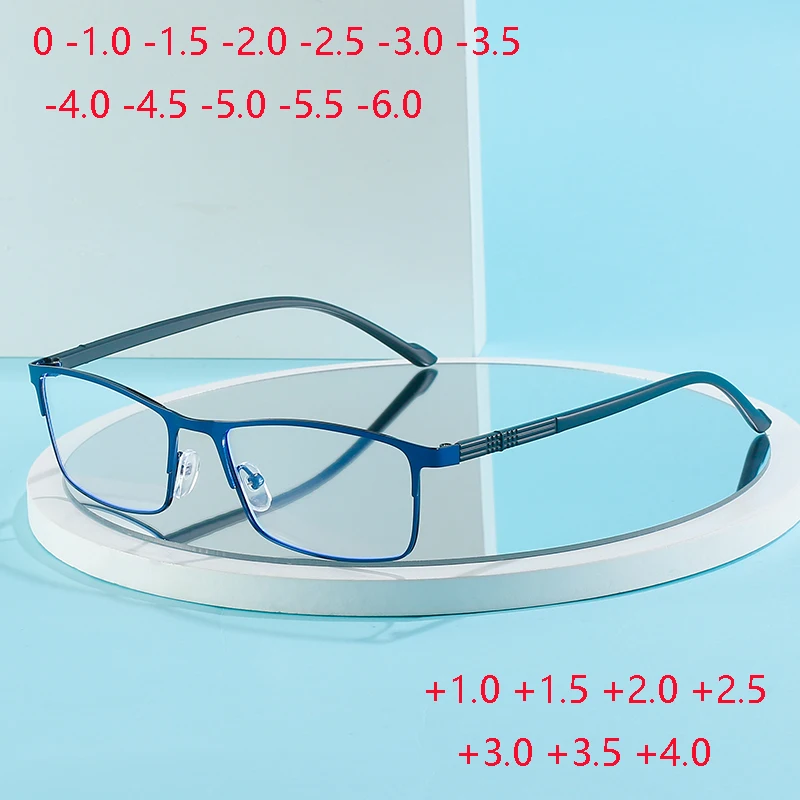 0 -0,5 -1,0 bis -6 Metall-Vollformat, blaues Licht blockierende Myopie-Brille für Studenten mit Grad, quadratische Lesebrille +1,0 bis +4,0 Image