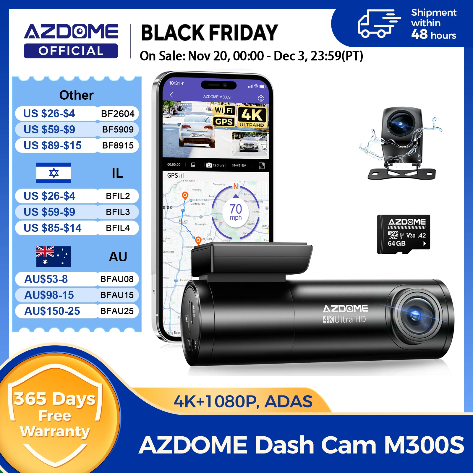 AZDOME M300S 4K Dash Cam vorne und hinten, integrierte ADAS WiFi GPS Dash Kamera für Autos, kostenlose 64 GB Karte, Sprachsteuerung, Nachtsicht