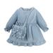 KIMI BEAR Infant Girls Dress 18 Months Infant Girls Fall Winter Dress 24 Months Infant Girls Pure Color Long Sleeve Flouncing Denim Dress + Backpack 2PCS Set Blue